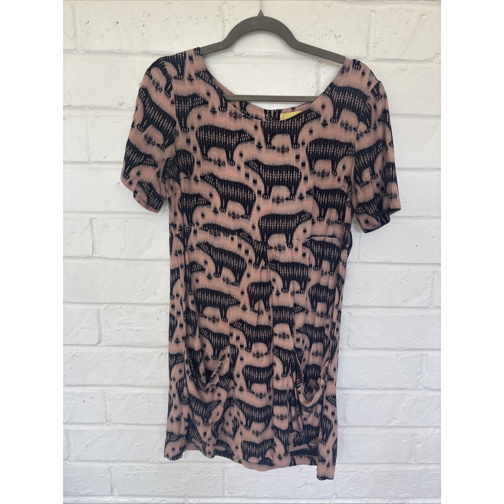 Anthropologie Maeve Zola Bear Print Shift Shirt Dress Women's 8 Pockets